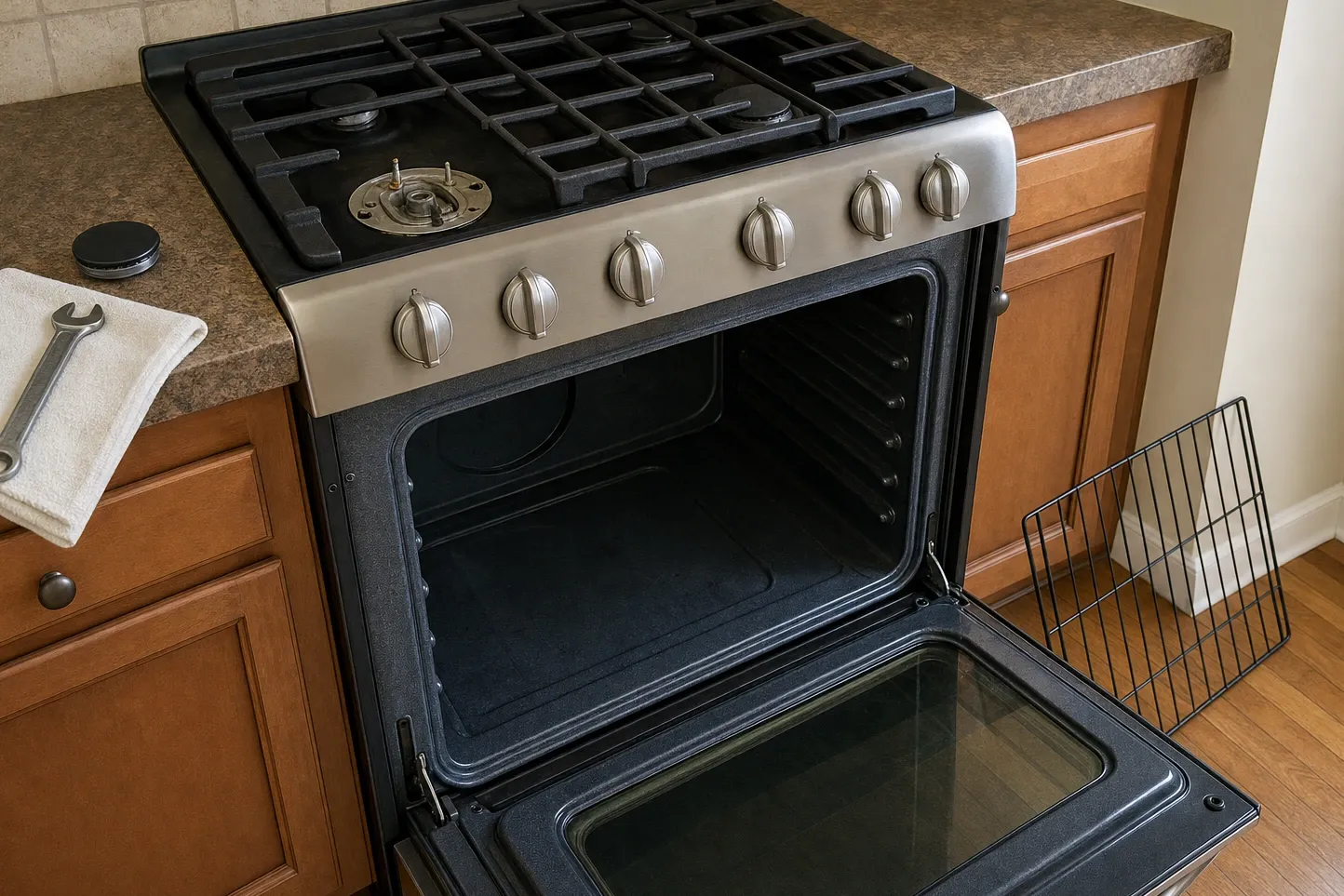 Range with a black cooktop stripped at the front-left burner to show the igniter electrode, oven door open behind