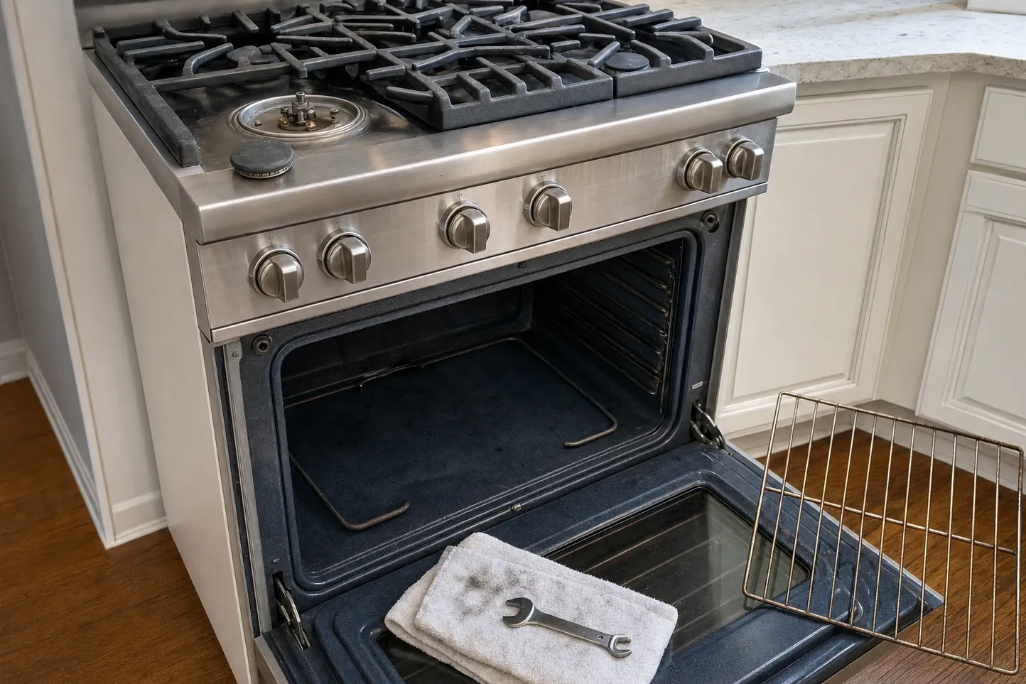Well-used pro-style range with the oven door open, a wire element inside the cavity and a wrench on a folded towel
