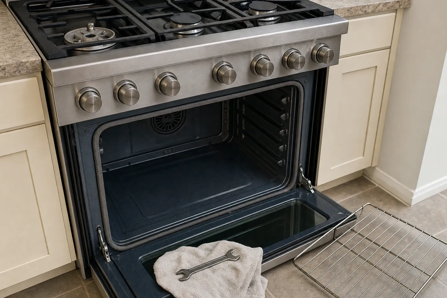 Pro-style range with the oven door open and the convection fan cover visible, an oven rack resting on the tile floor