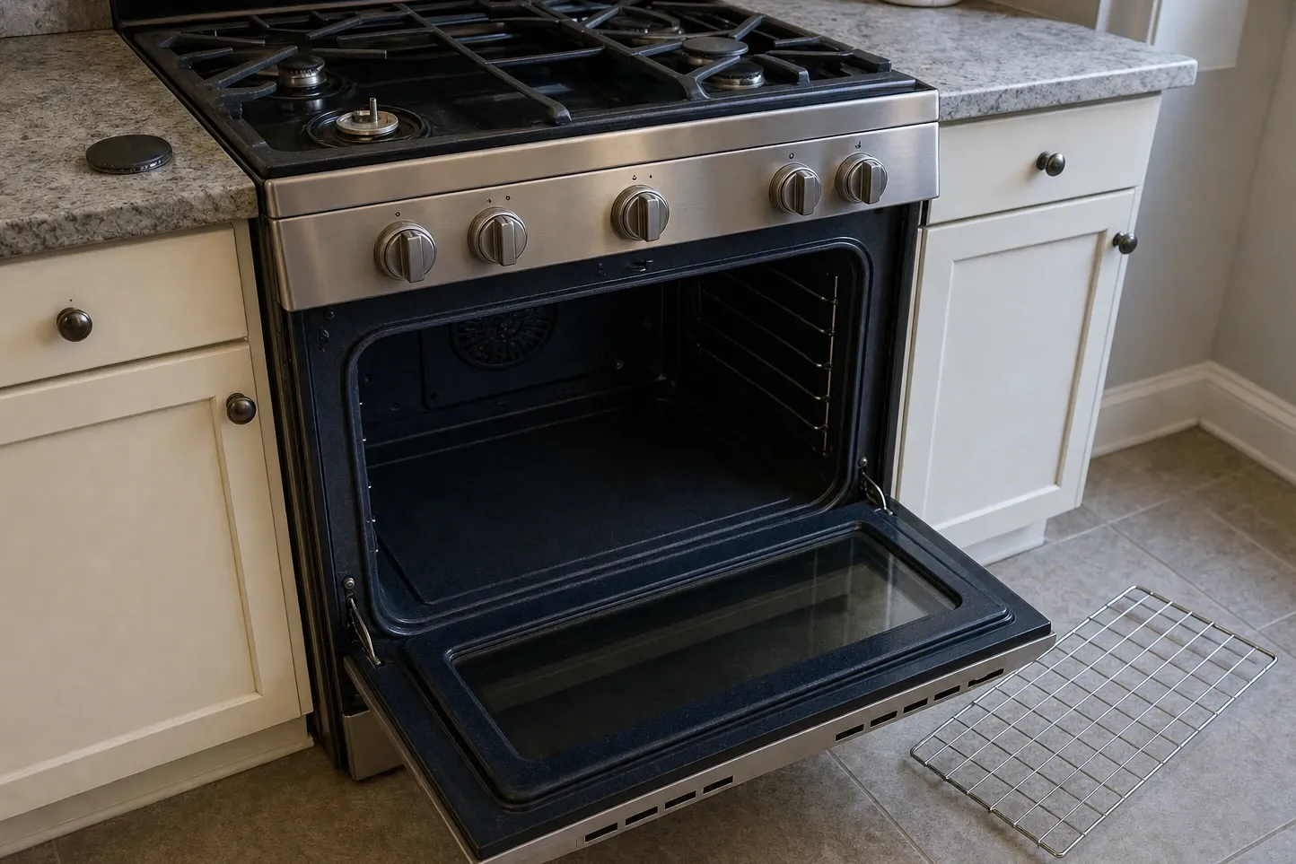 Deep navy speckled porcelain lining an open cavity, the same speckled finish carried across the inside face of the lowered door
