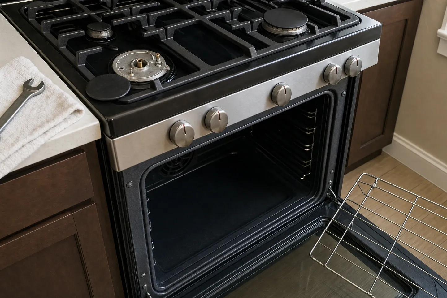 Cavity seen from the corner with the fan cover on its left rear wall, and above it a burner base opened to its brass orifice and electrode