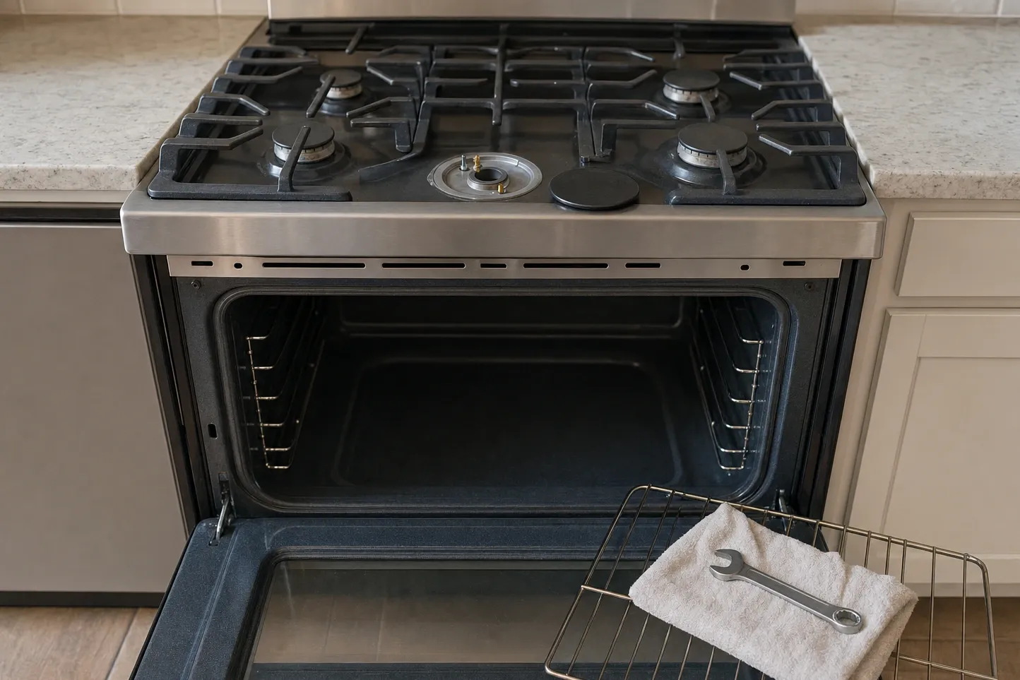 Row of narrow vent slots cut across the stainless trim between the cooktop above and the oven opening below