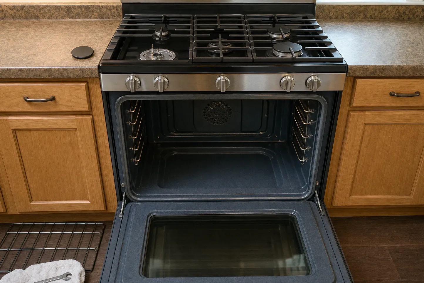 Oven door lowered level on an empty cavity, the round perforated fan cover centred high on the back wall and rack ladders matched down both sides