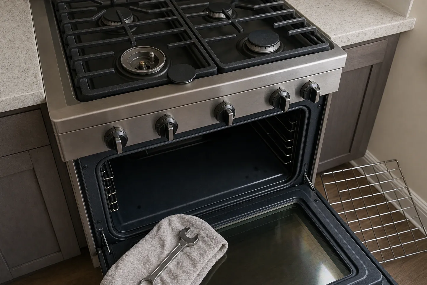 Row of dark knobs along a stainless control rail, the oven part open below them and a towel folded over the door