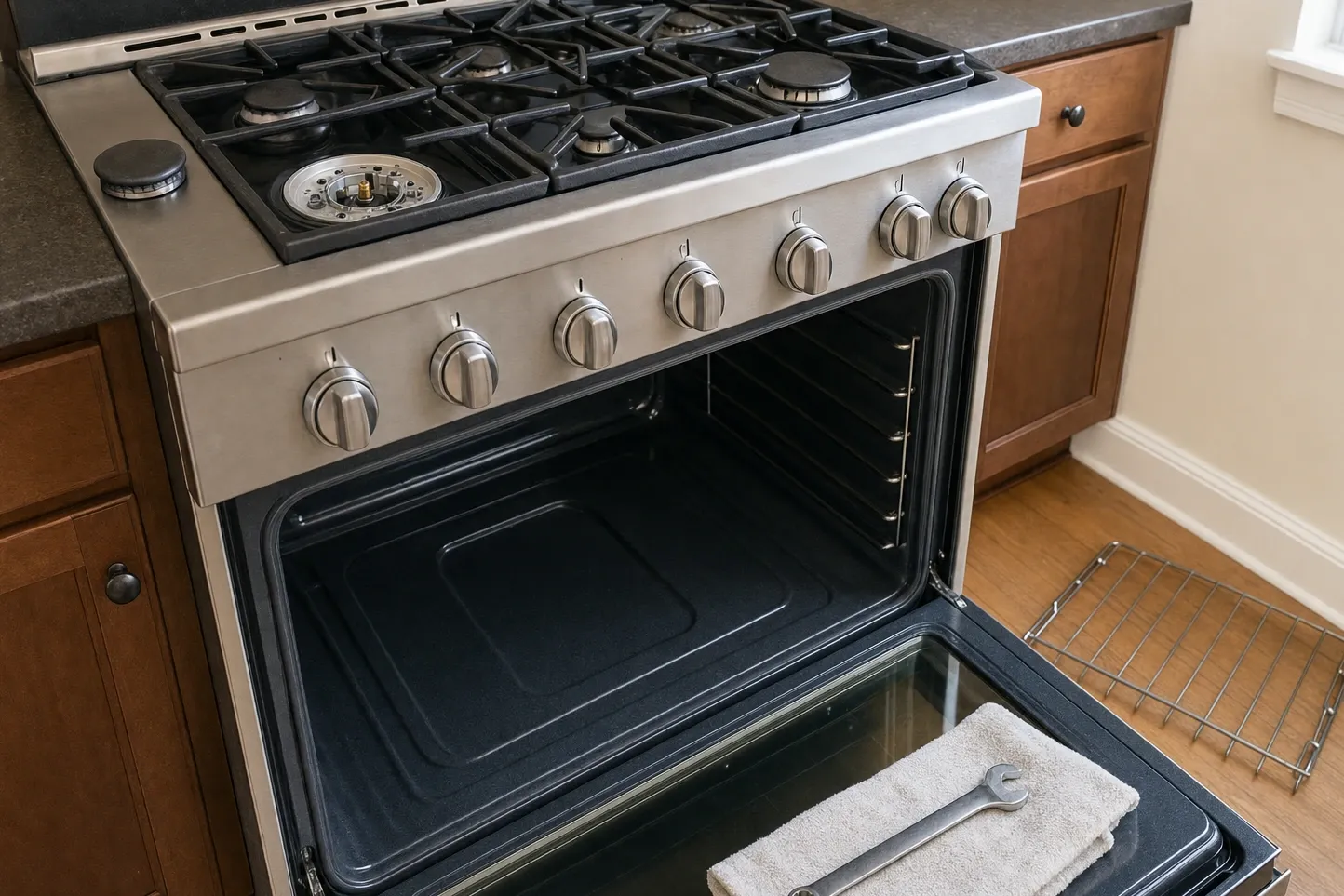 Cavity with a raised embossed panel covering its whole floor, seen below a deck whose front burner base is stripped bare