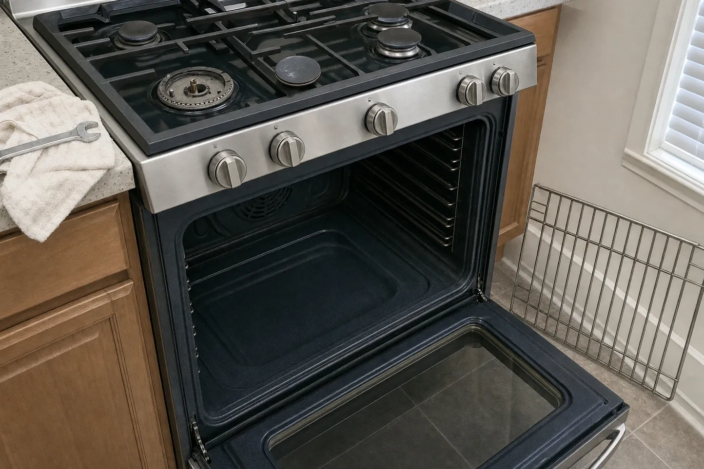 Open cavity with the fan cover set low on the left-hand wall, a single long rack ladder beside it and an embossed cavity floor below